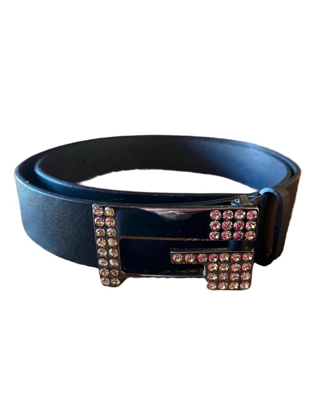 VINTAGE GUESS Black Genuine Leather Rhinestone G Logo Buckle Belt - Size L